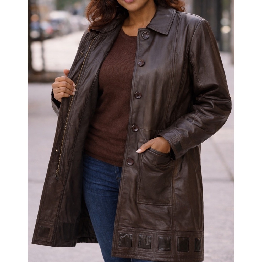 Vintage Midnight Velvet Dark Brown Leather Coat Zip Out Liner Womens XL NWOT